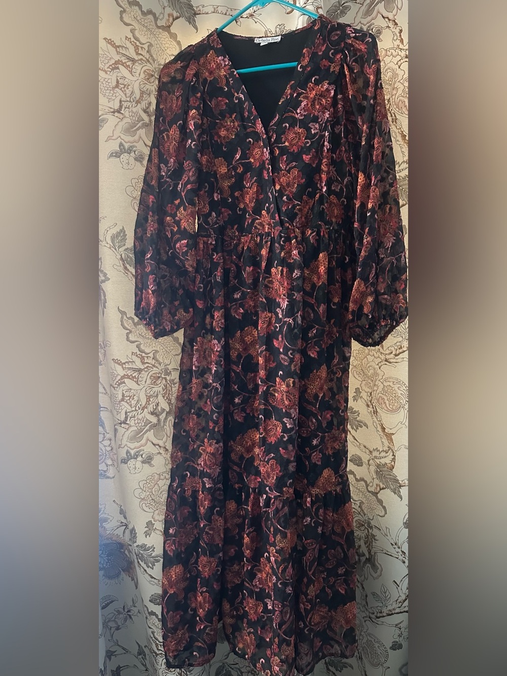 Ophelia Roe Black Floral Maxi Dress with Rust & Pink Accents